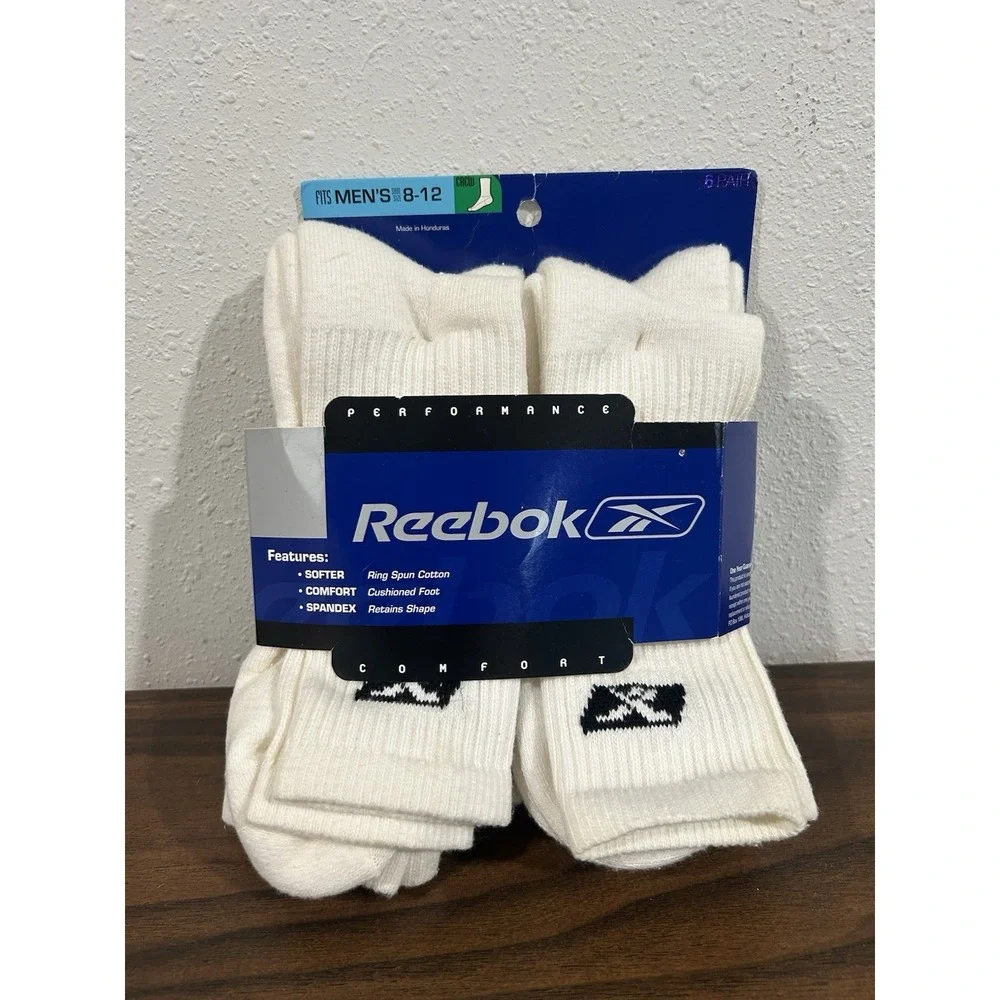Reebok Vintage Crew Socks NOS 2005 Ribbed White Logo Retro Athletic 5 Pair